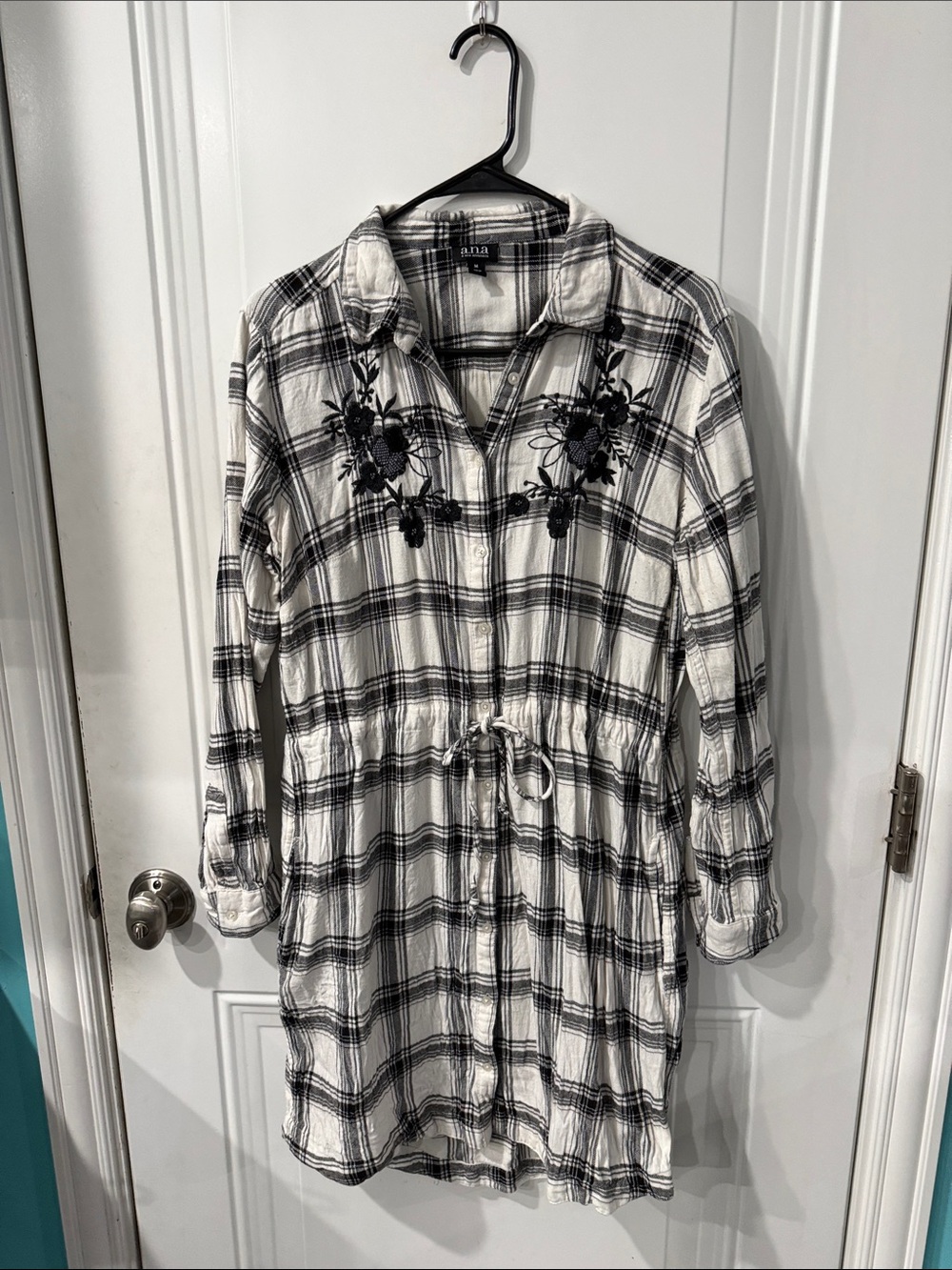 a.n.a Black & White Plaid Shirtdress with Drawstring Waist and Floral Embroidery